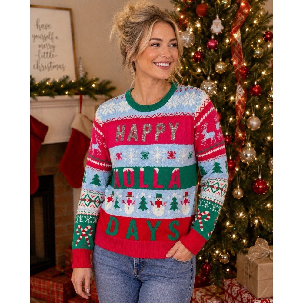 Ugly Christmas Sweater XL Sequins Bells, Bright Colors Festive No Boundaries